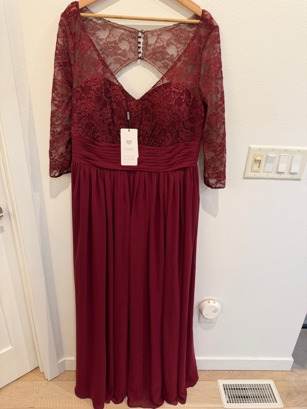 JJs House Wine Lace Bodice Long Sleeve Evening Gown